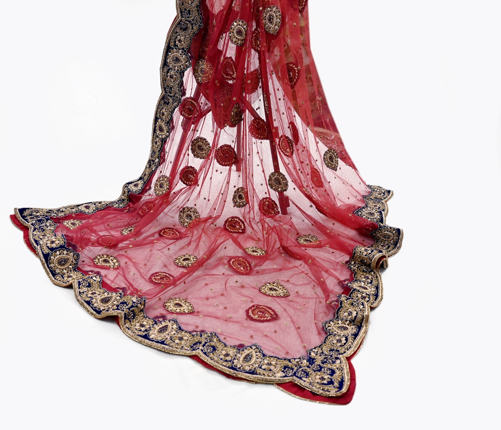Heavy Red Raw Silk/Net Hand Embroidered Lehenga 3pcs Set By Designer Sabyasachi