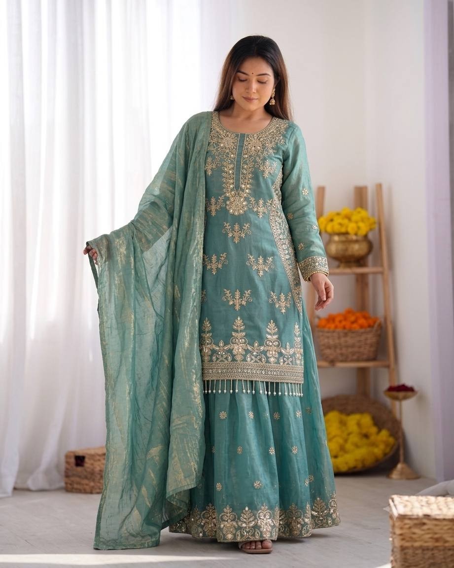 Designer Pakistani Readymade Silk Sharara Suit Embroidery Dupatta Set