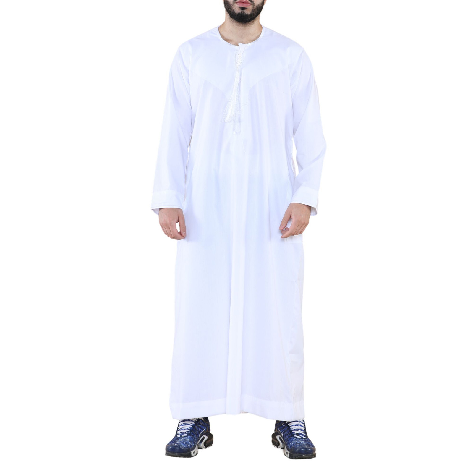 Mens White Thobe Jubba Saudi Islamic Arab Eid Emirati Kaftan Jubbah Tassel Robe