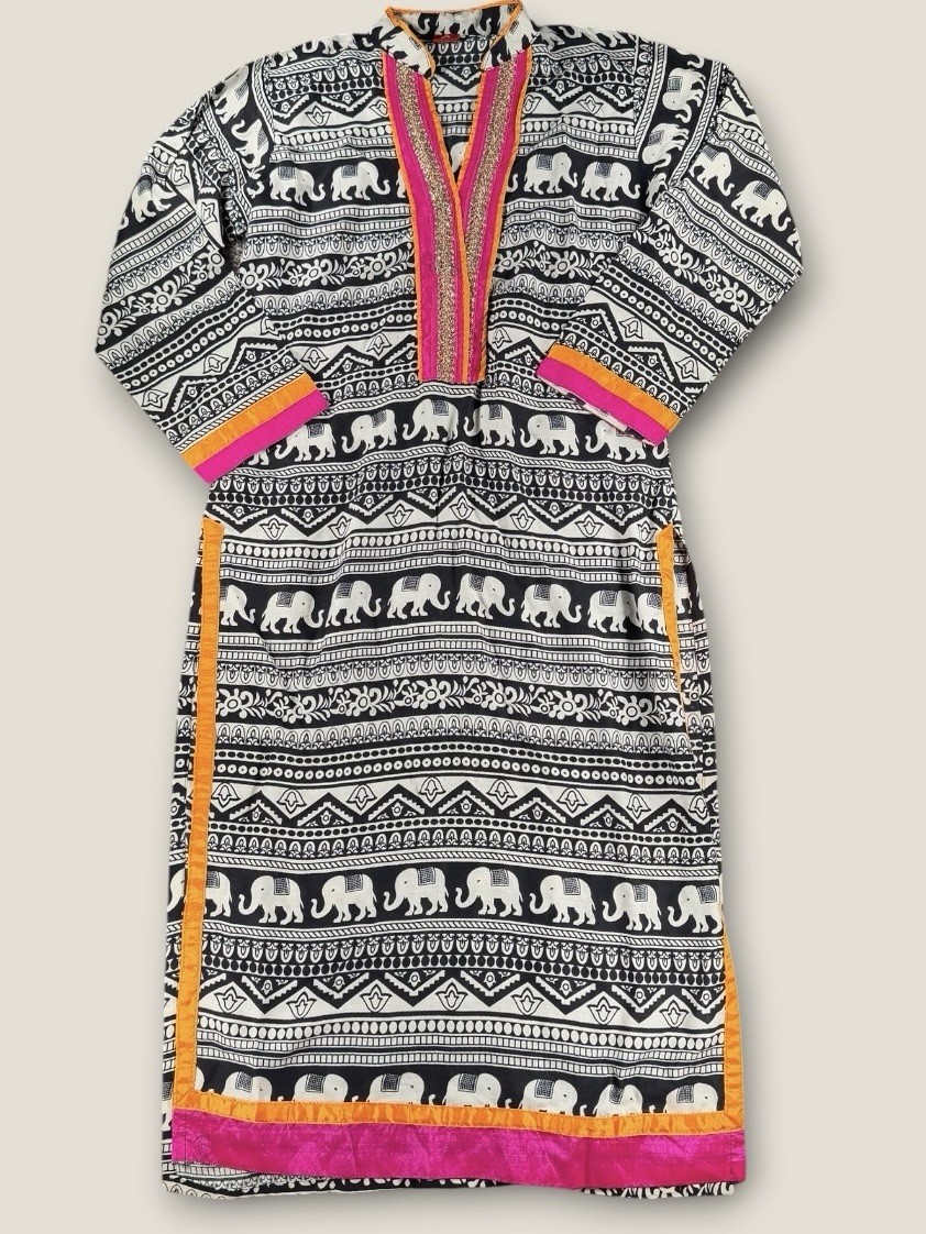 SM Indian Kurta Tunic Dress Sz S Black White Elephant Pink Embroidered