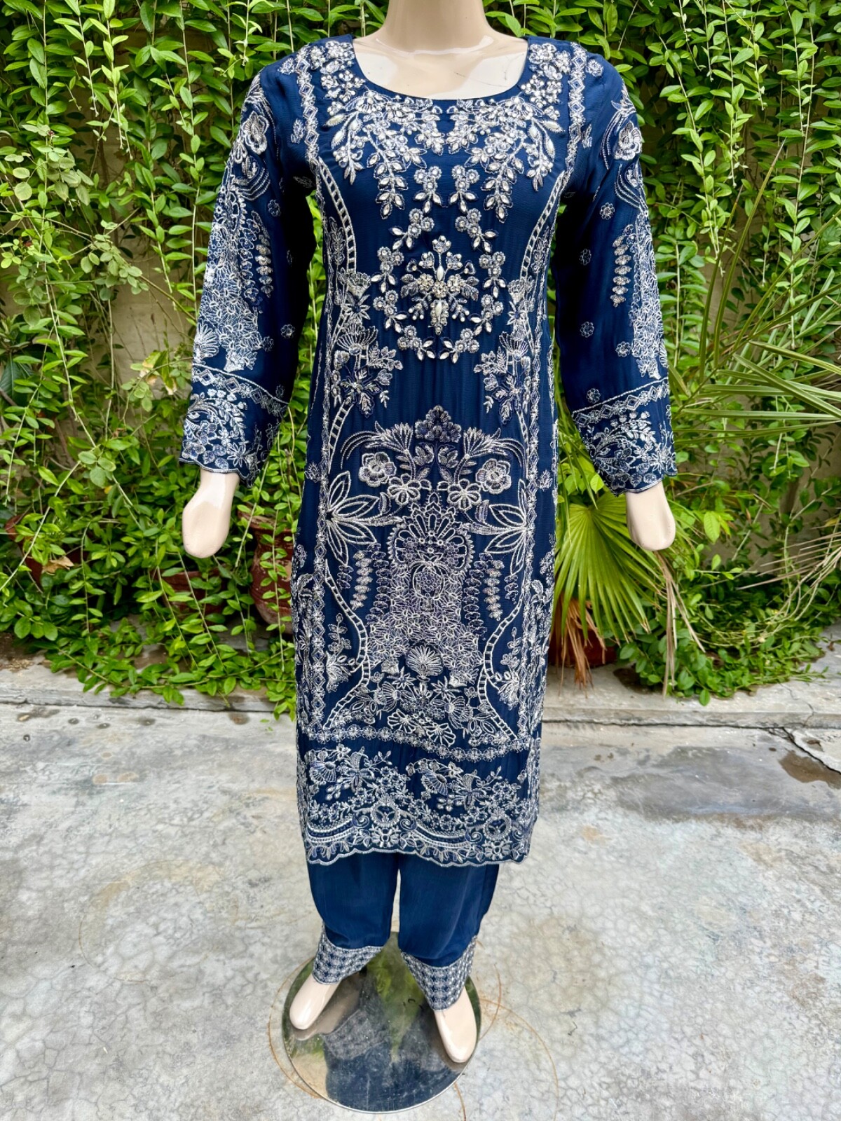 Pakistani Navy Blue 3 Pcs Fancy Chiffon Dress with embroidery & Squins work,L
