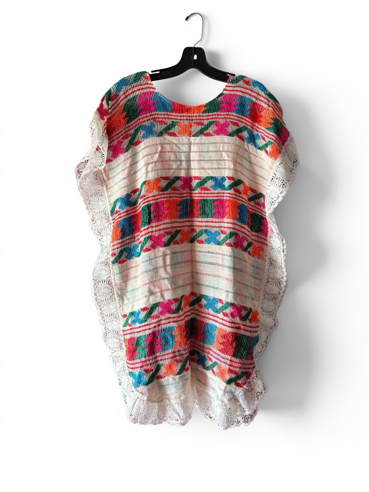 Vintage Handmade Mexican Huipil Lace Trim Woven Boho Tunic Cover Up Dress OS