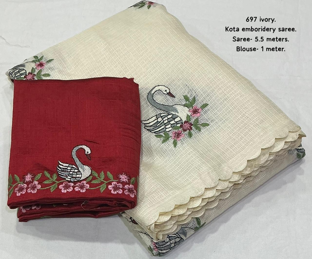 White Color Kota Doriya swan emboridery buttas Scaleup border Saree Work Blouse.