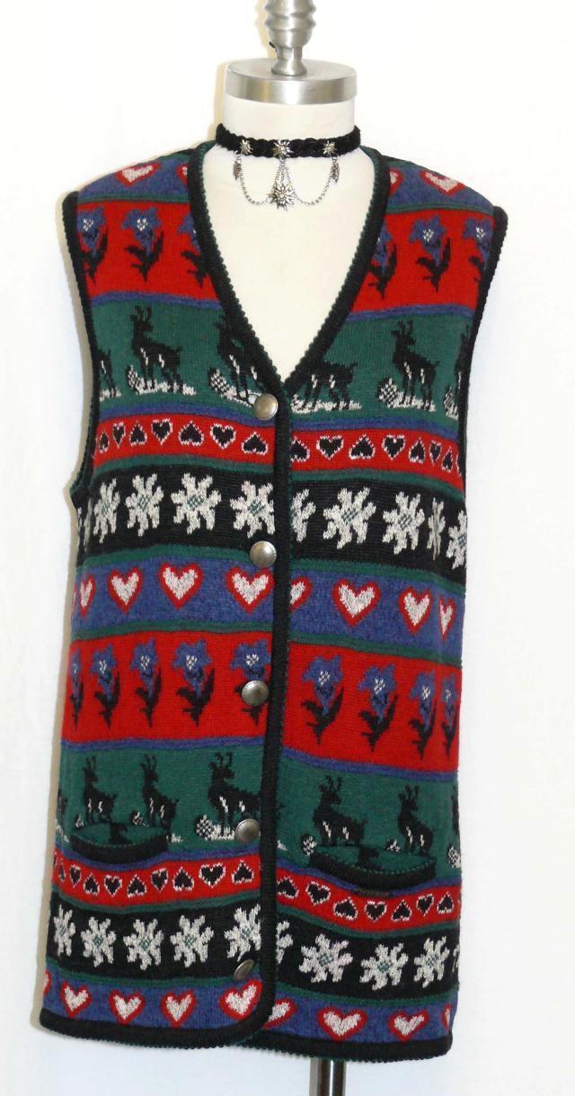 WOOL & COTTON ~ RED BLUE GREEN BLACK ~ Women Austria Dress Sweater Jacket VEST M