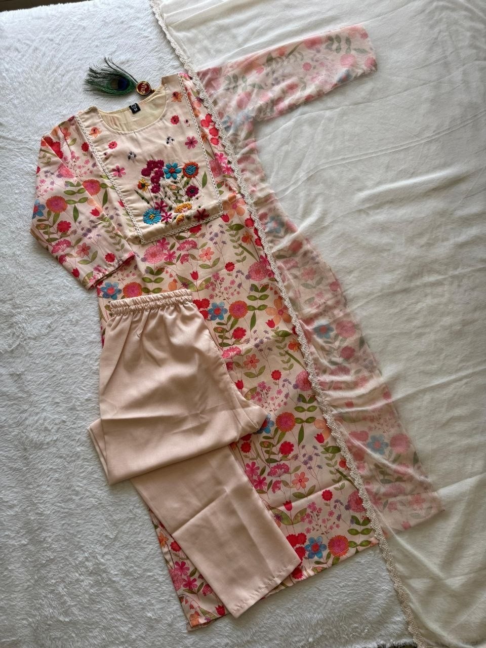 Women Designer Kurta Pant Dupatta Set Indian Bollywood Cotton Blend Kurti Dress