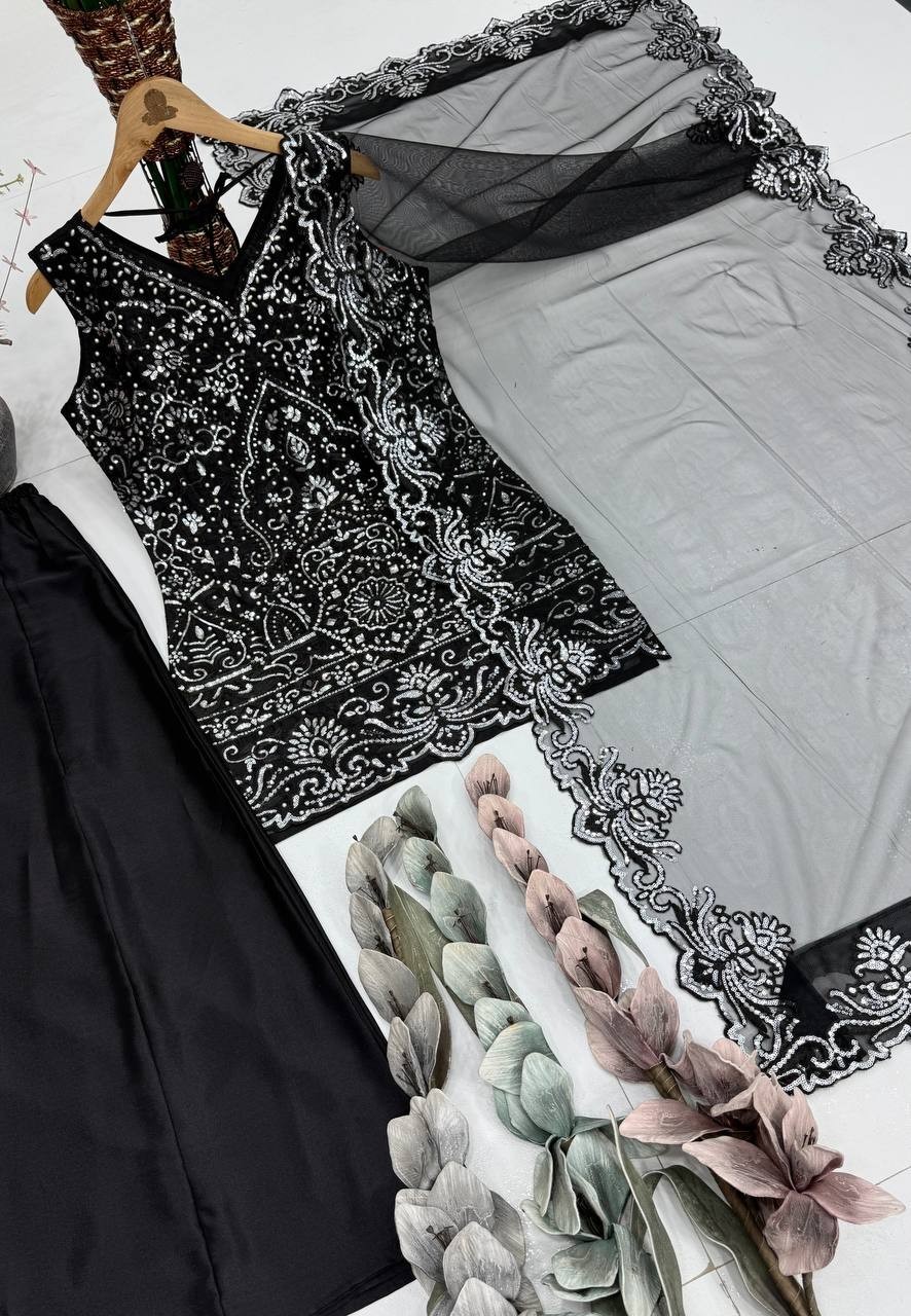 Stylish Designer Black Georgette Kurta Palazzo With Dupatta For Party Wear
