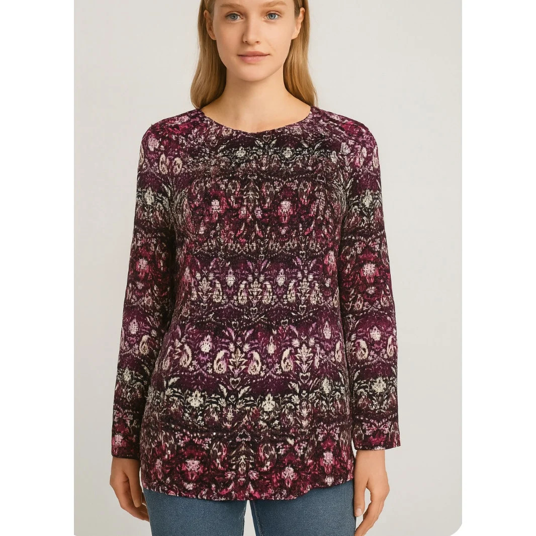 J. Jill top blouse floral/paisley ruched waist maroon long sleeve shirt SZ Sm