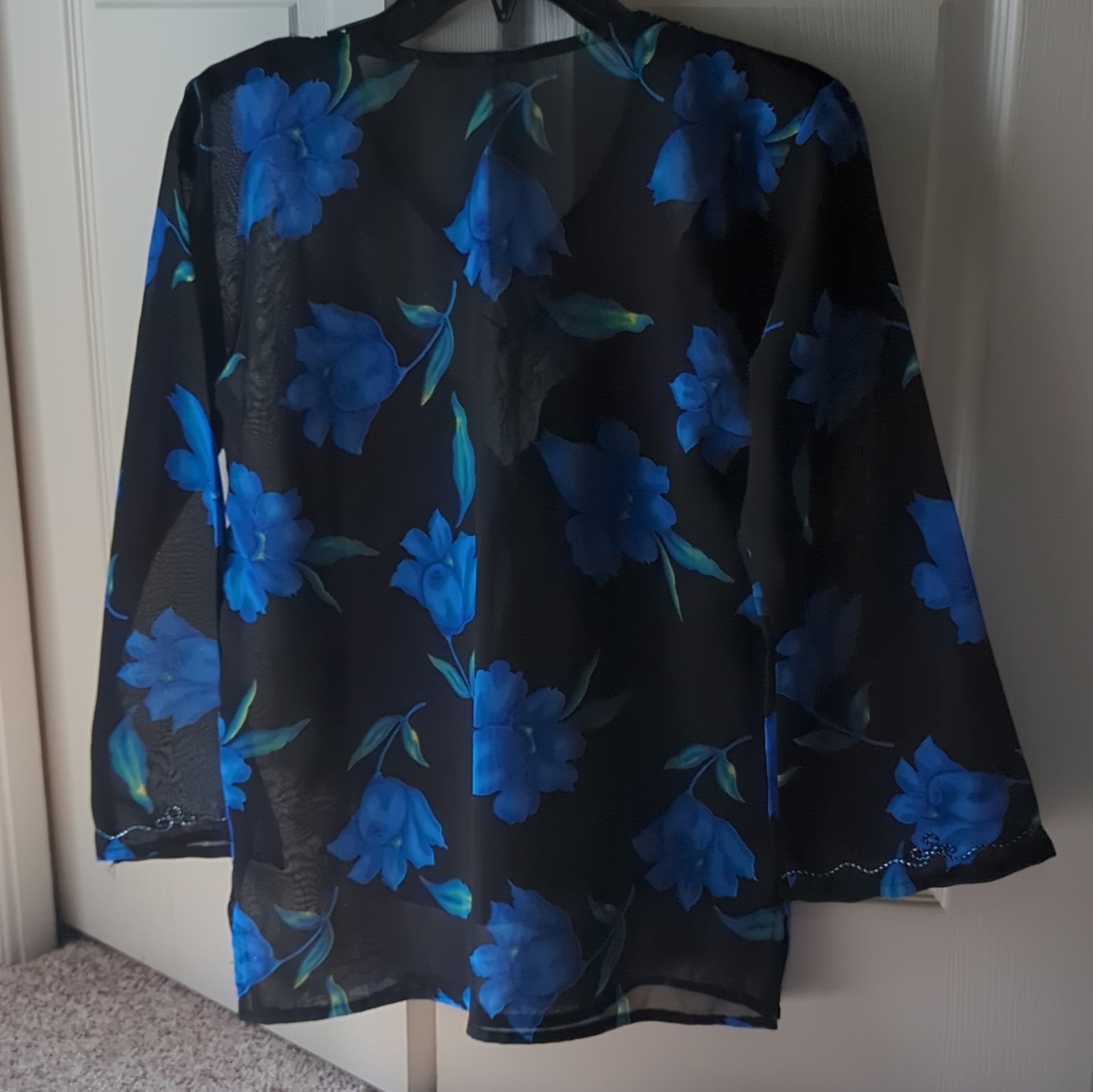 Women’s Black/Blue Floral Embroidered Chiffon 3/4 Sleeve V-Neck Tunic kurti