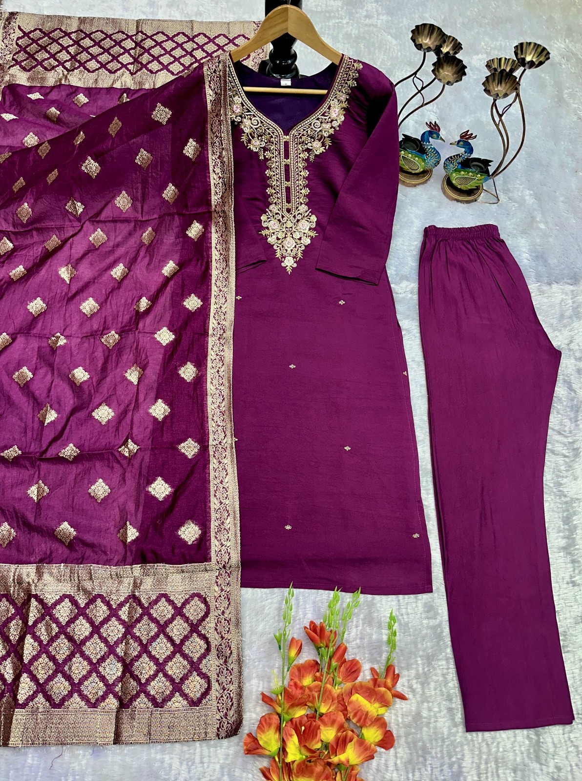 New Roman Silk Purple Salwar Kameez With Dupatta For Festival Wear