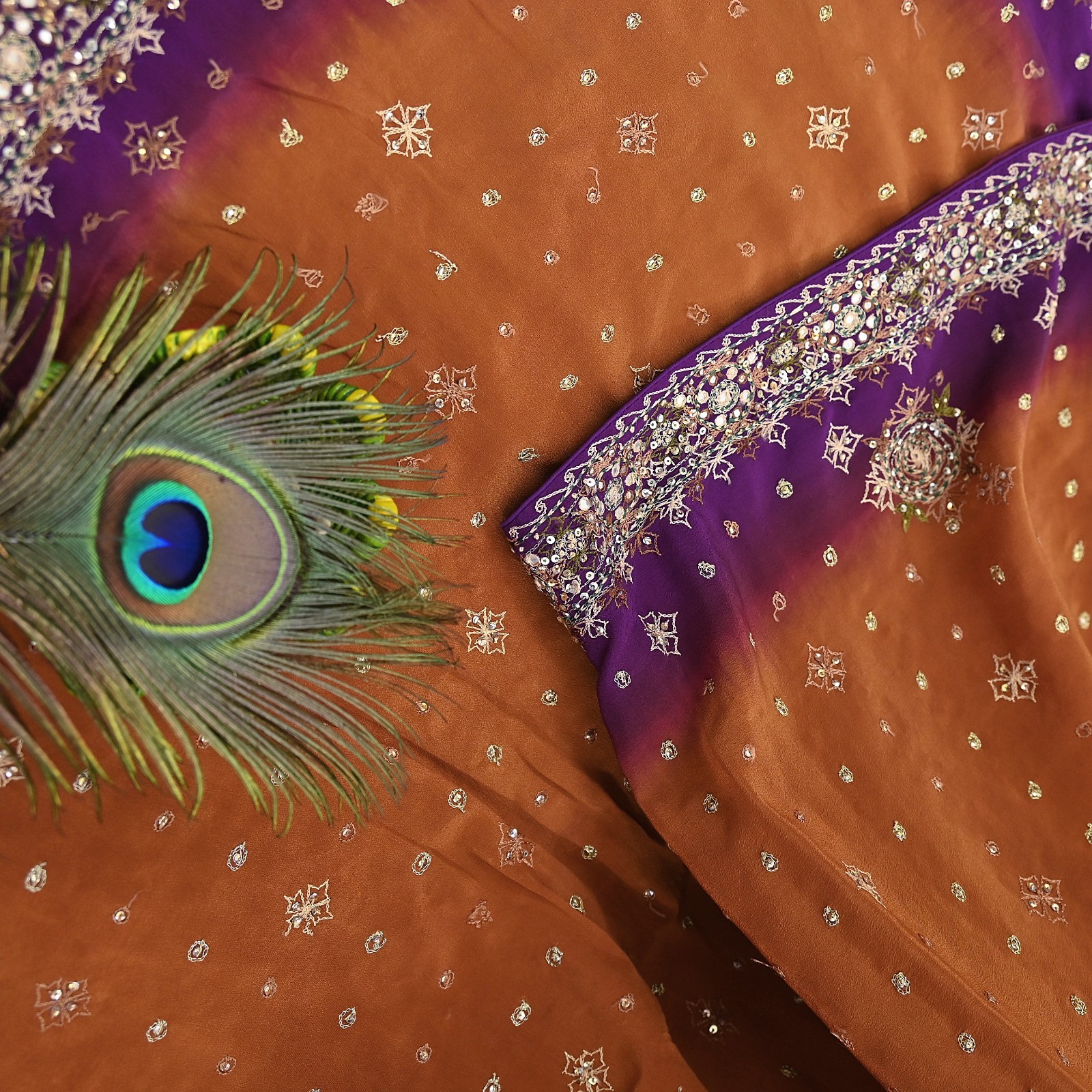 Indian Vintage Sari Purple & Mustard Pure Crepe Silk Hand Embroidered Sarees 6yd