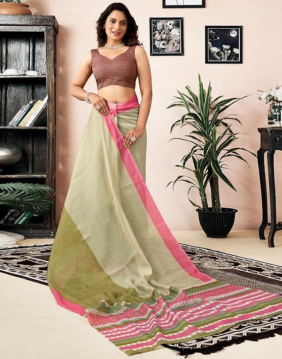 Women’s Chanderi Cotton Printed Ready To Wear with Pocket Saree with Blouse