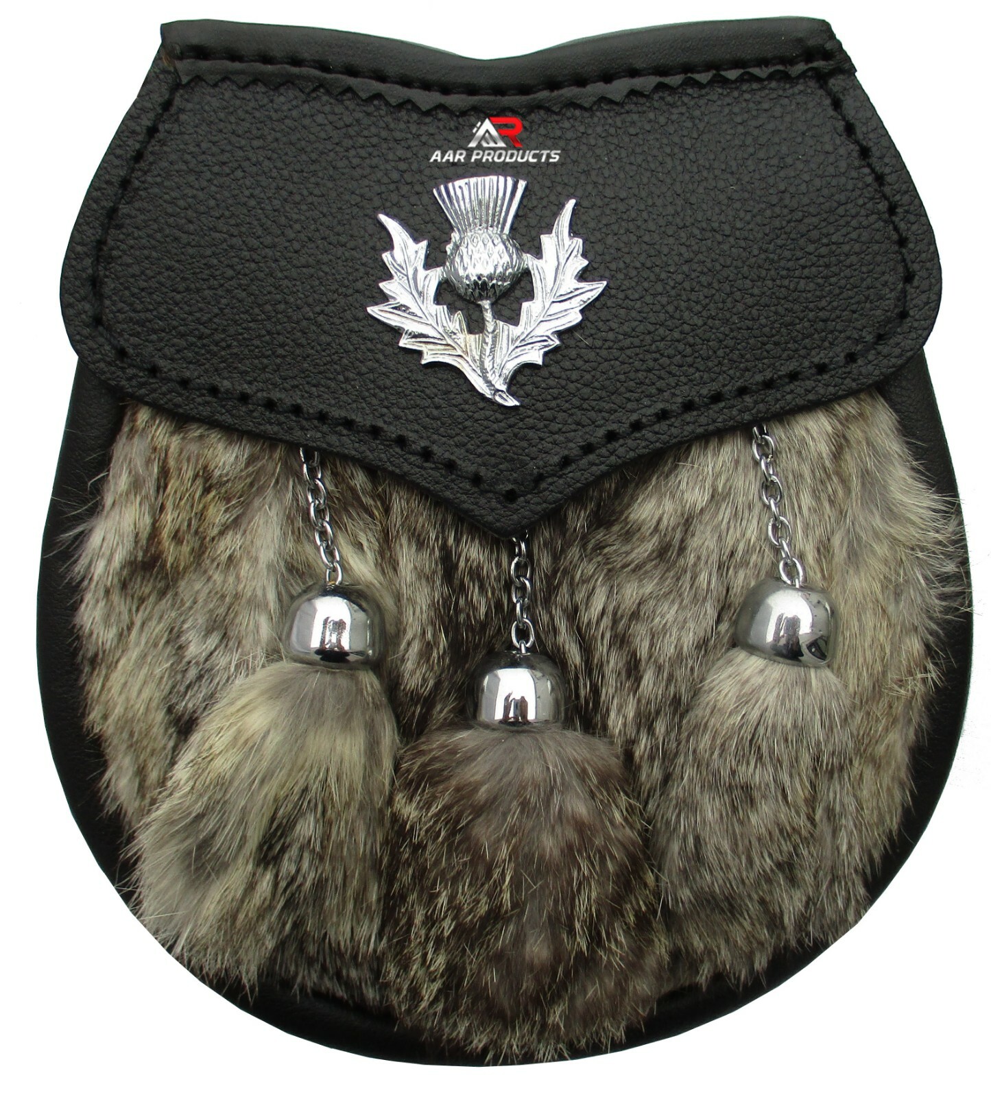 AAR Mens Semi Dress Sporran Brown Rabbit Formal Fur 3 Tassels Leather Belt Chain