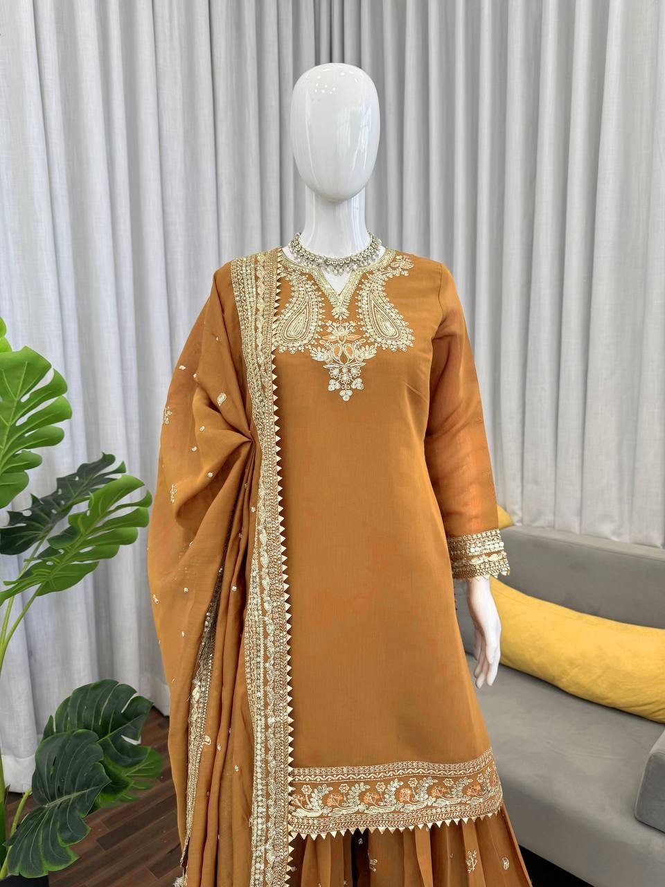 New Launch Mul Chanderi Mustard Yellow Kurta Palazzo With Dupatta For Functional