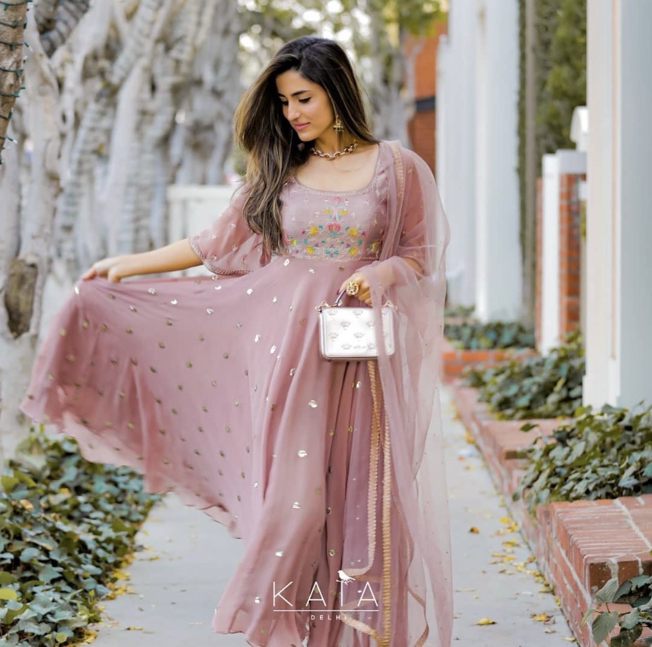 Dusky lavender embroidered chiffon anarkali set by KAIA for Women Size M