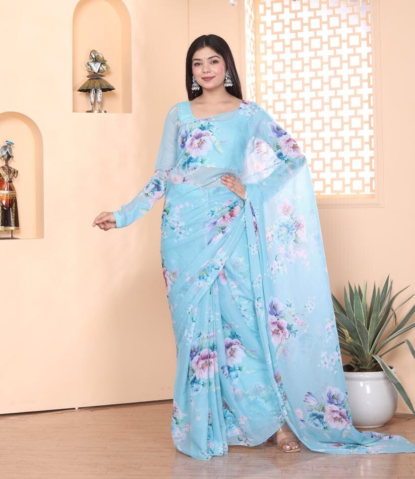 Sky Blue Color Flower Printed Georgette Women’s Ready To Wear Saree Blouse Piece