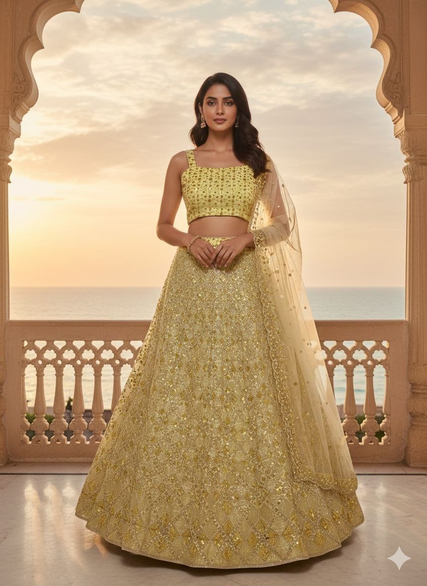 Latest Soft Butterfly Net Yellow Lehenga Choli With Dupatta For Wedding Wear