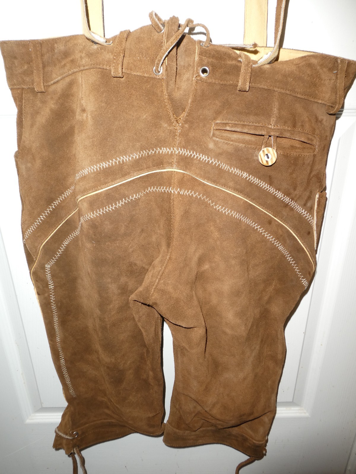 Men’s Brown Suede Leather Lederhosen Traditional German Shorts w/ Suspenders 36