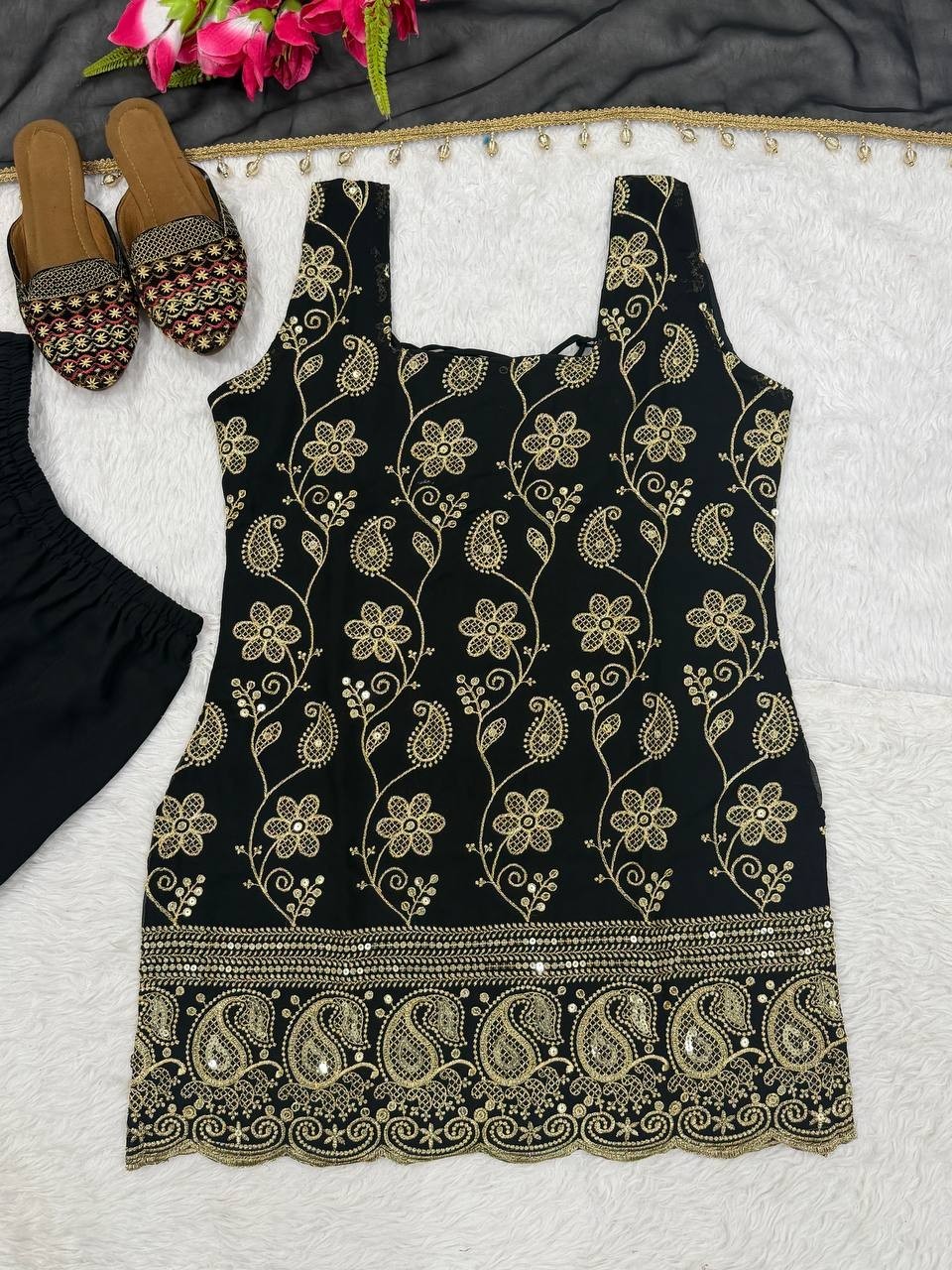 Designer Black Faux Georgette Kurta Palazzo With Dupatta For Wedding Wear