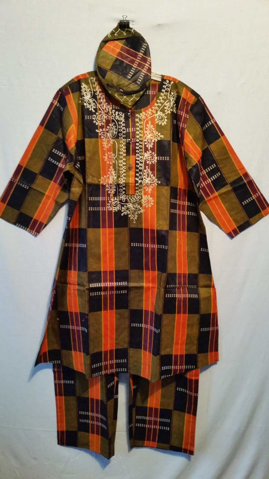 African Kente Cloth Print 3Pcs Pant Set For Men With Cap Free Size