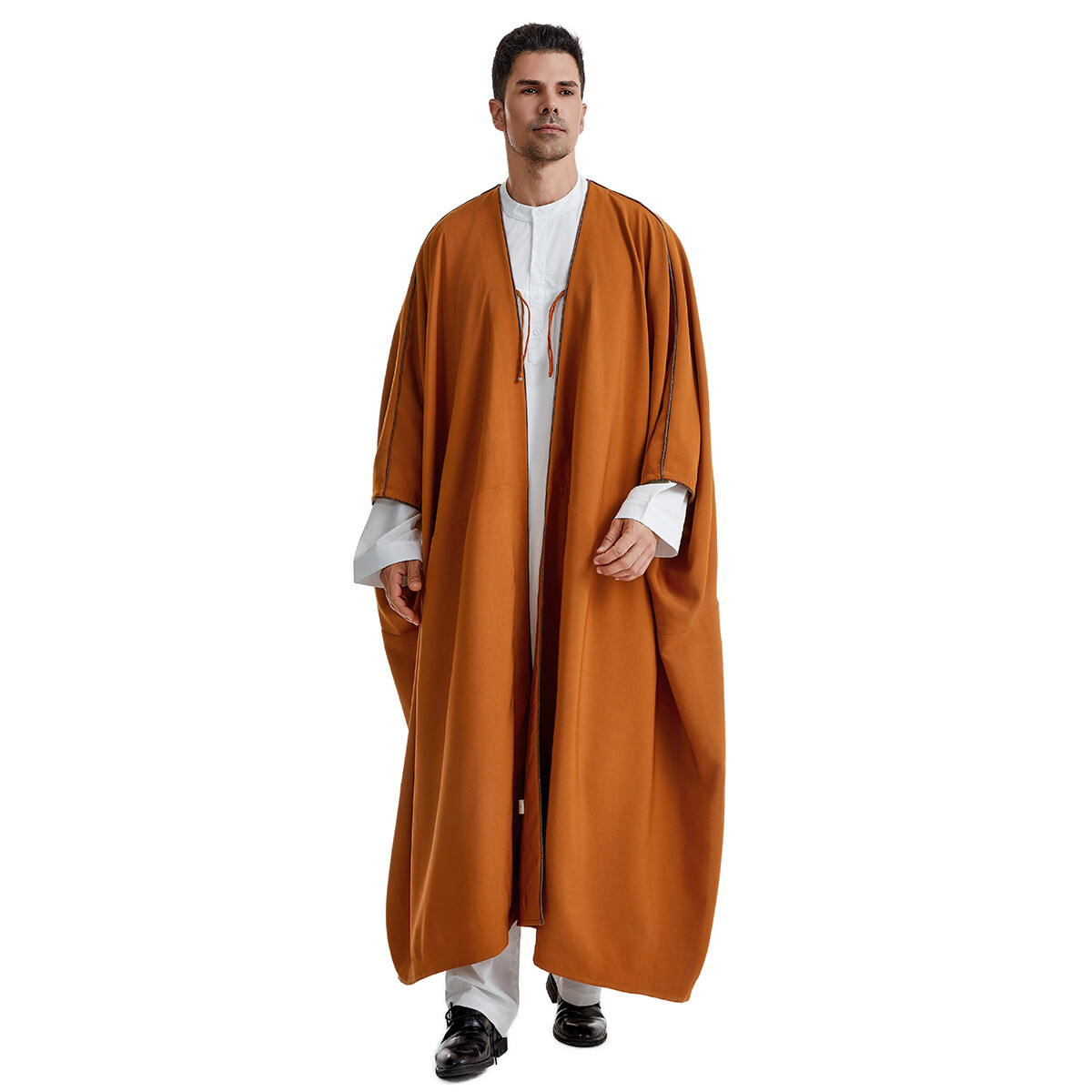 Saudi Arab Men Solid Color Open Kimono Batwing Robe Muslim Abaya Ramadan Prayer