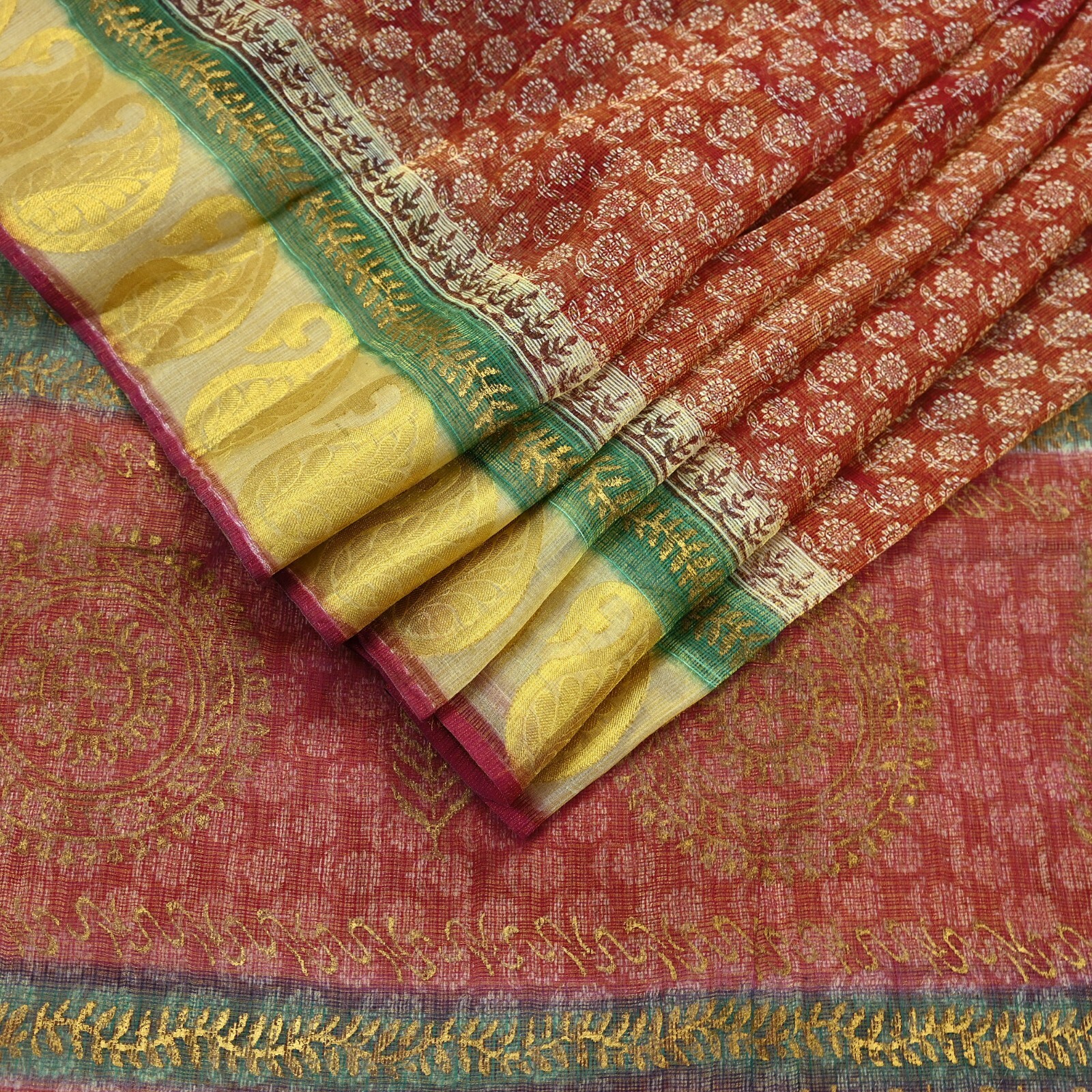 Indian Vintage Sari Red Pure chanderi Silk Hand Woven/ Painted Sarees Fabric 5yd