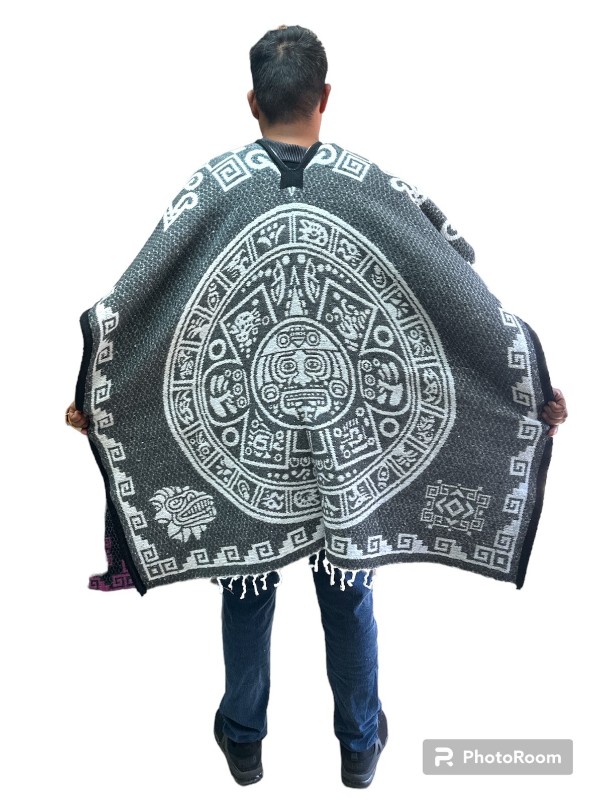 MEXICAN PONCHO , CALENDARIO AZTECA , MEXICO , AZTEC ,WARRIOR , LIGHT GRAY