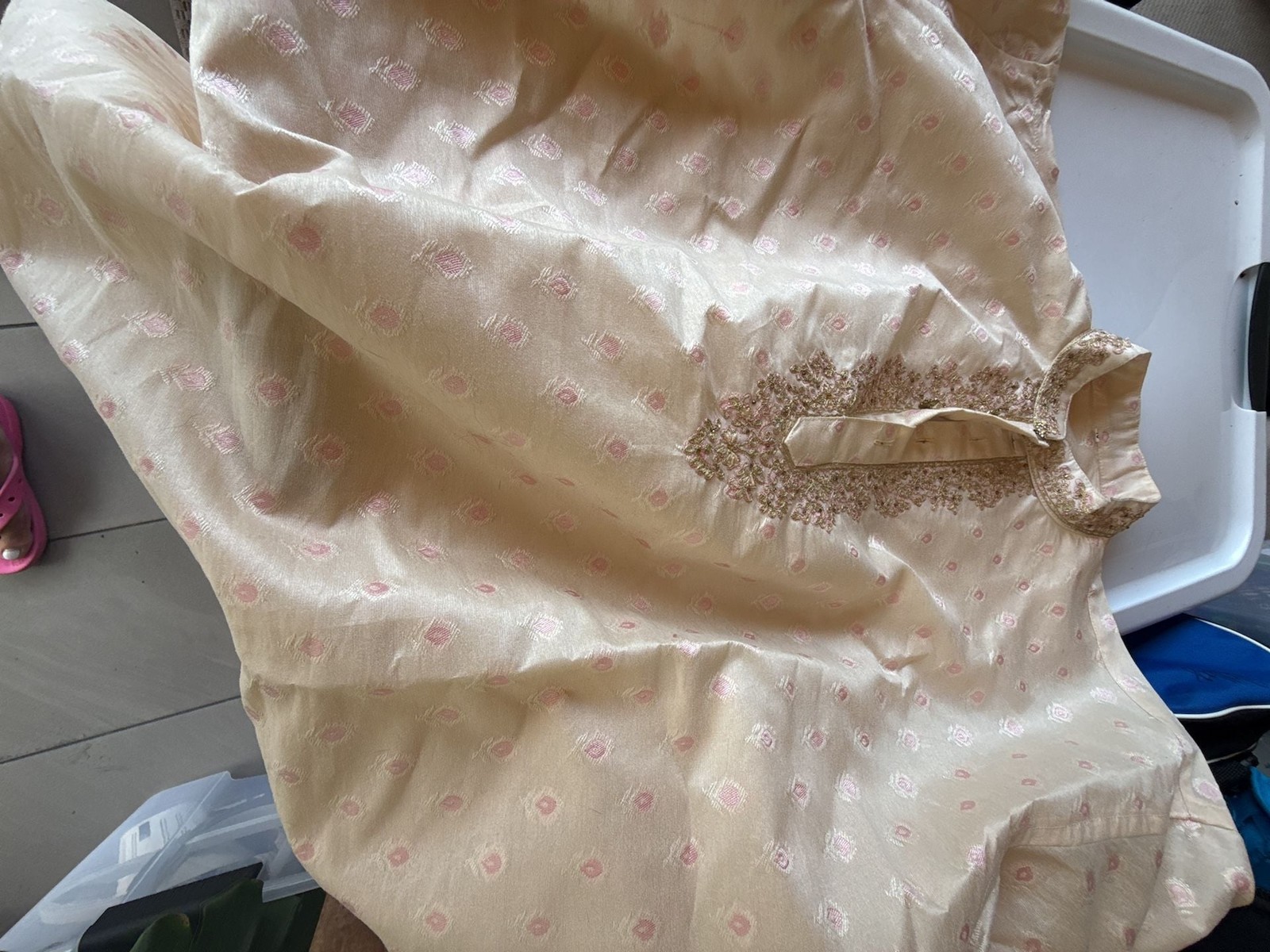 Men’s Cream Jacquard Kurta with Gold Embroidery and Embellished Buttons. Worn on