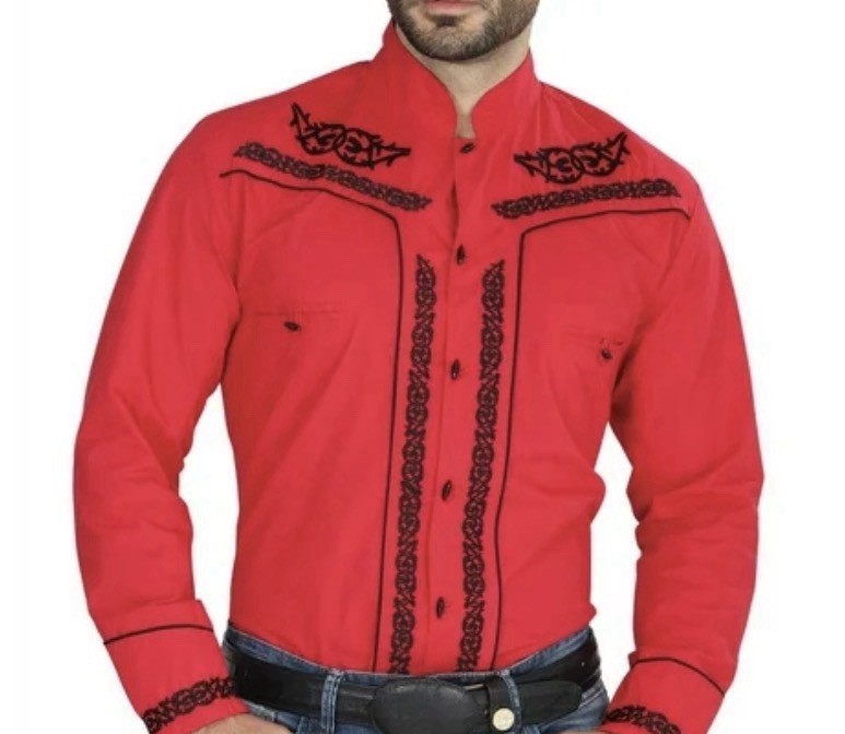 Men’s Charro Shirt Camisa Charra El General Western Wear Red Long Sleeve Sz (S)