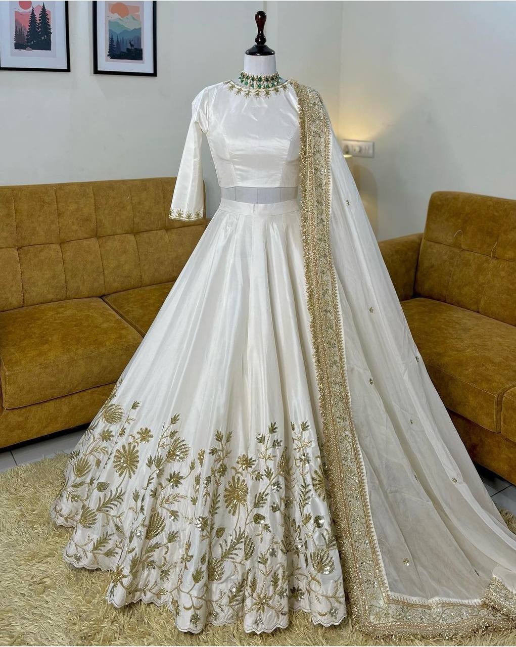 New Designer White Slub Silk Lehenga Choli With Chinon Silk Dupatta For Women