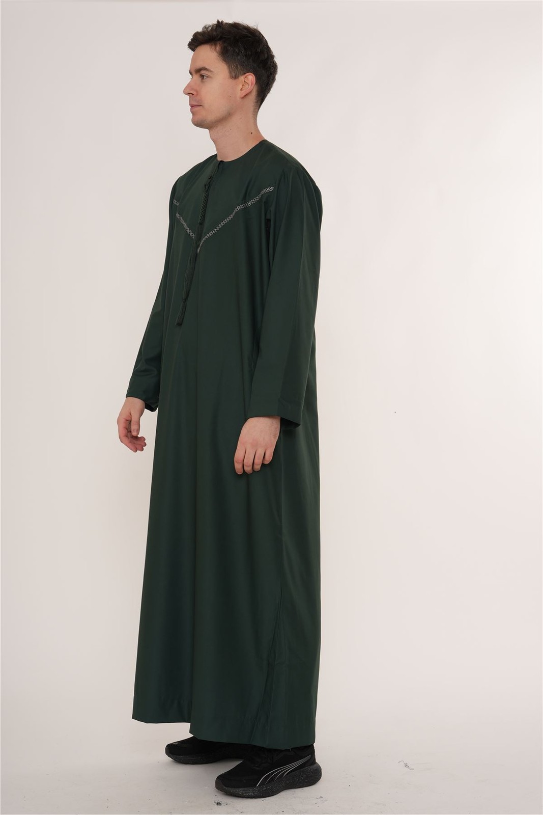 Men Olive Green Thobe Emirati Omani Jubba Islamic Embroidery Muslim Eid Tassel