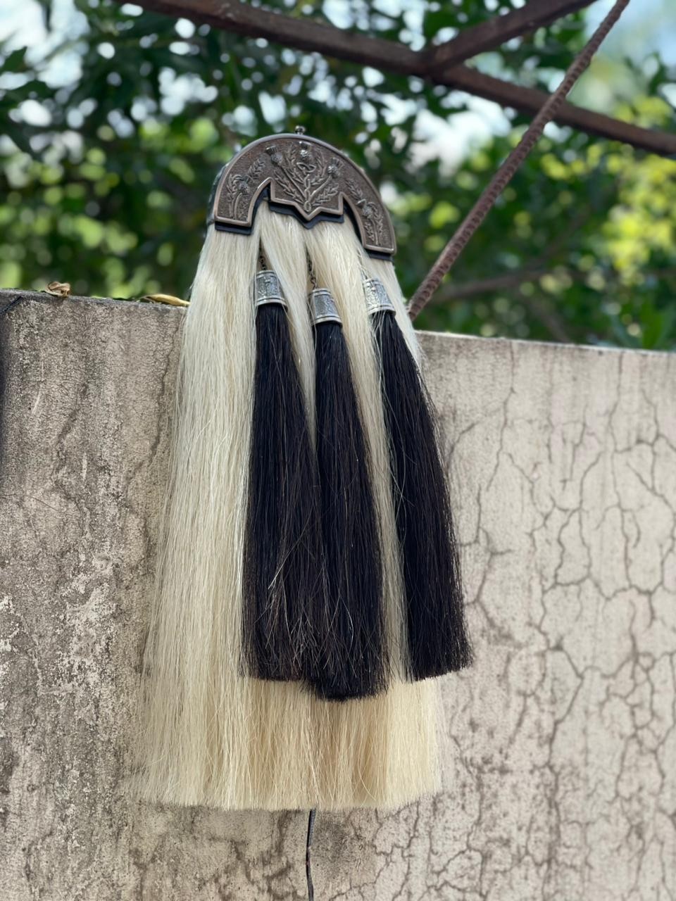 White Horse Hair Sporran 100% Original Three Black Tassels Bagpiper Long Sporran