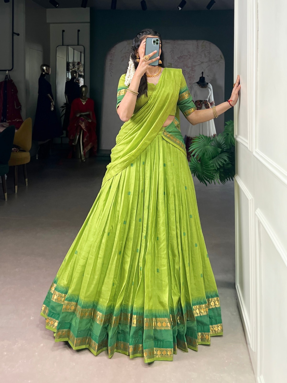 Ethnic Wear Pure Chanderi Lehenga Choli With Parrot Green Dupatta For Women