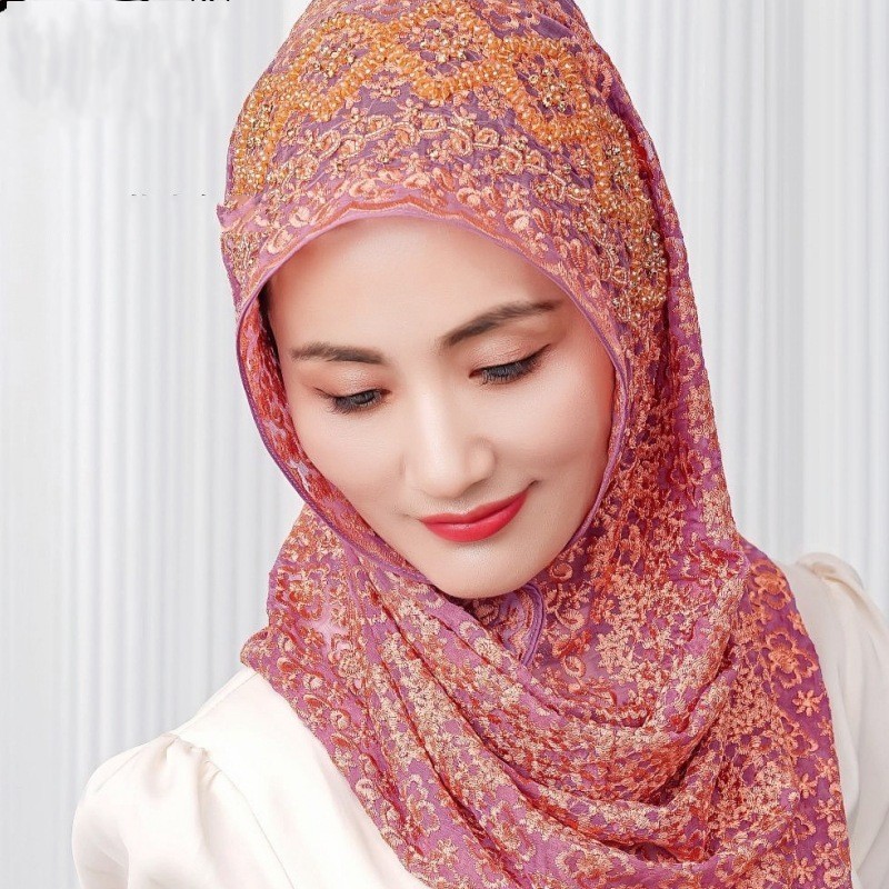 New Silk Hijabs Women Malaysia Wrap Cap Muslim Print Bead Scarf Hair Cover Shawl