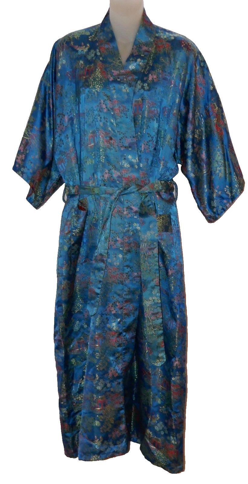 Double Peach Vintage Teal Jacquard Chinese Kimono Robe Size M