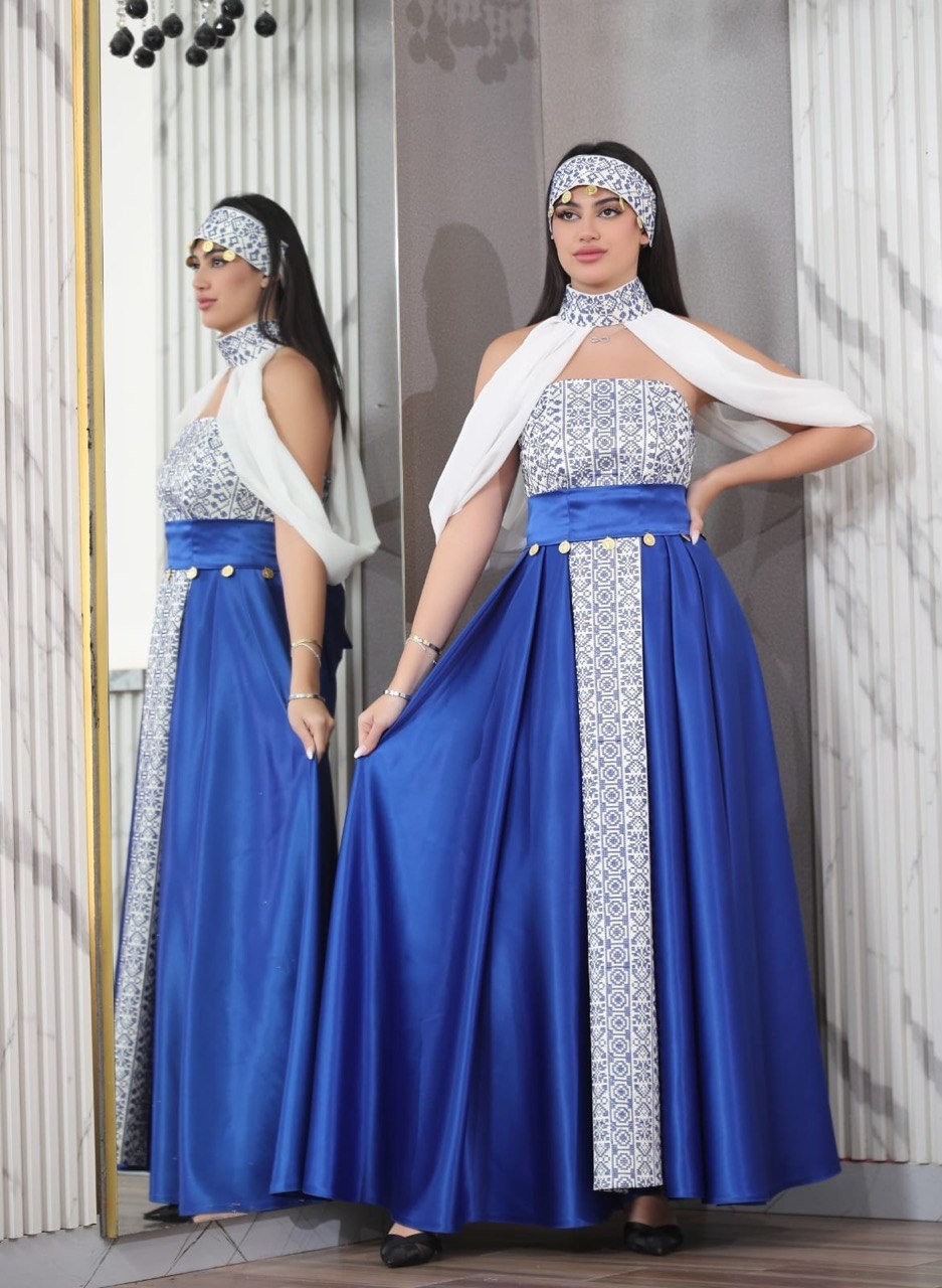 Women Palestinian Embroidered Thobe Dress Off Shoulder Satin Details & Headband