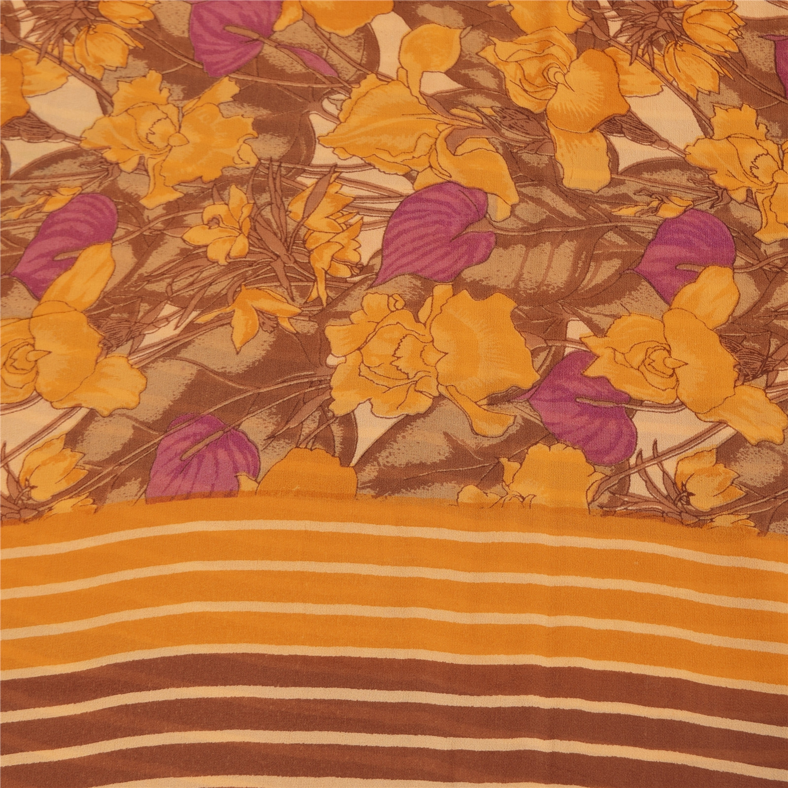Sanskriti Vintage Sarees Yellow Pure Georgette Silk Print Sari 5+Yd Craft Fabric