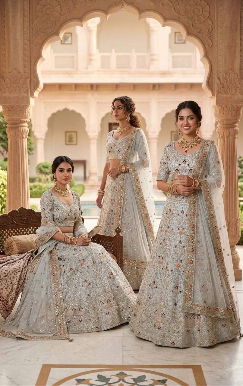 Luxury Satin Silk Lehenga Choli 4m Flare Sequins Work Can-Can Set