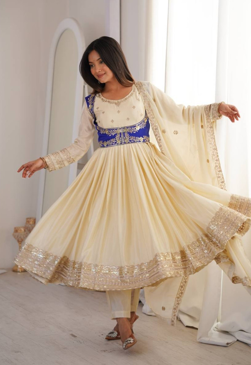 Women Ivory Cream Anarkali Suit Set Blue Koti Jacket Chinon Silk Party 4pc