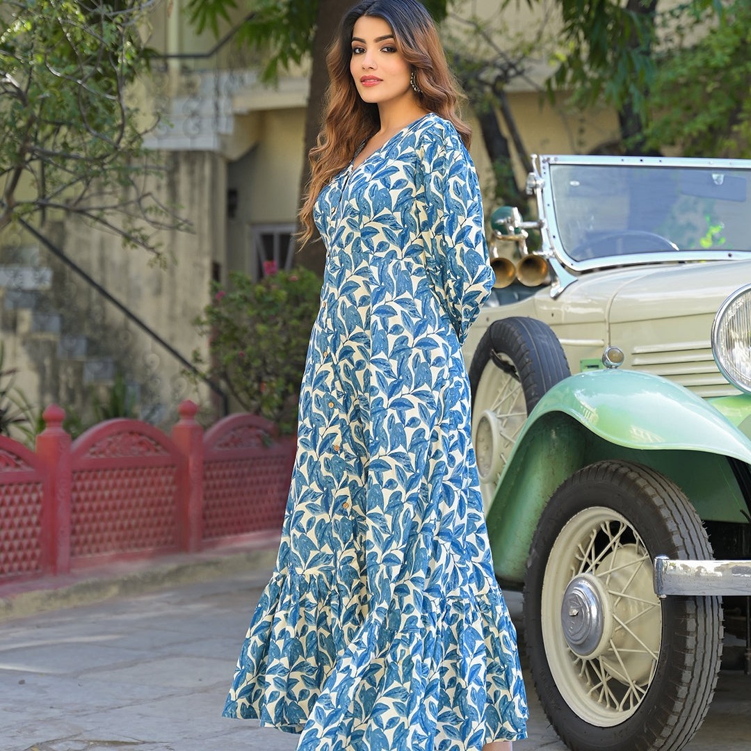 Plus Size Cream Ethnic Motif Cotton Dress for Women | Printed Cotton Midi Dress