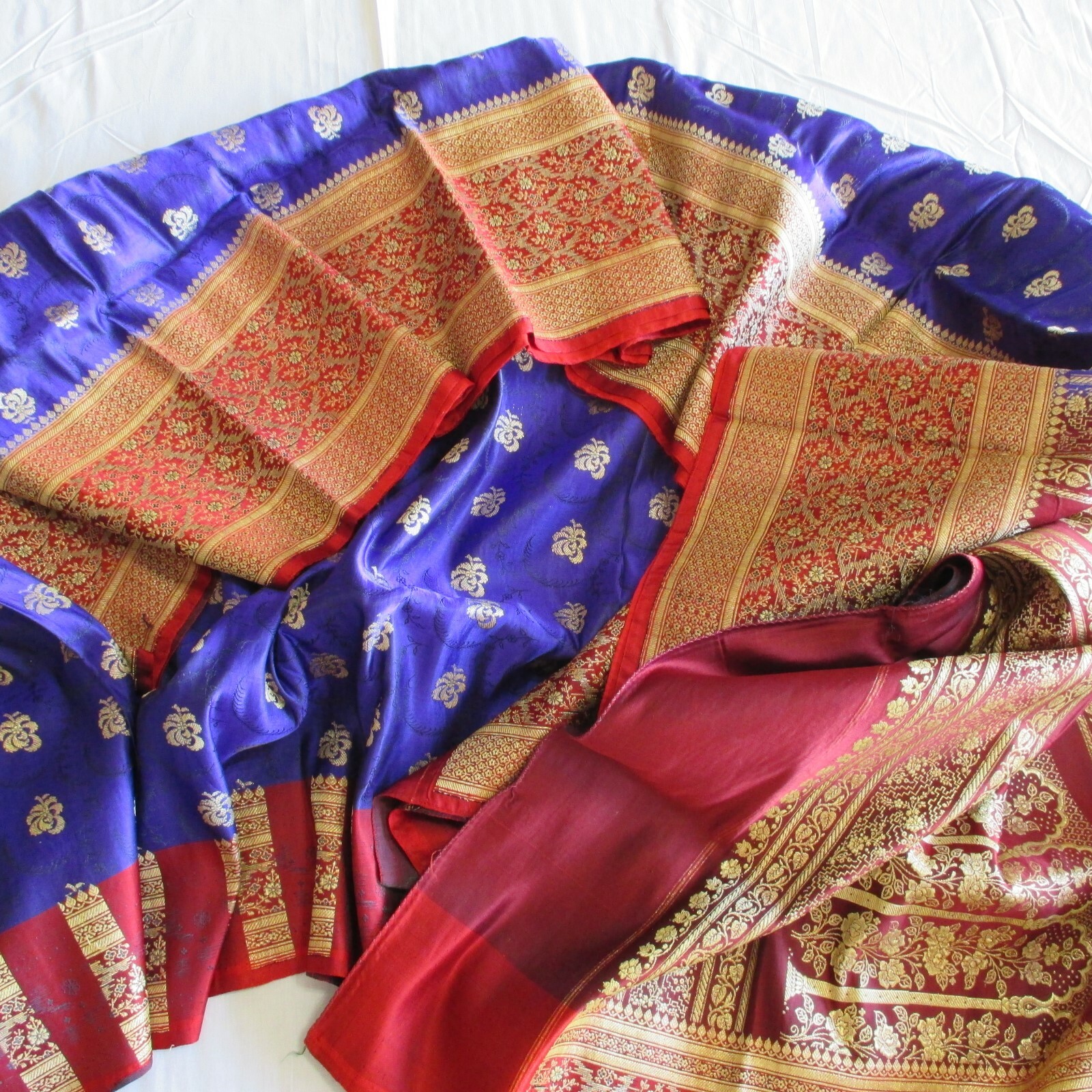 PURPLE Gold Pure SILK MAGNIFICENT Sari BROCADE Fabric RARE Panels DRAPES Curtain