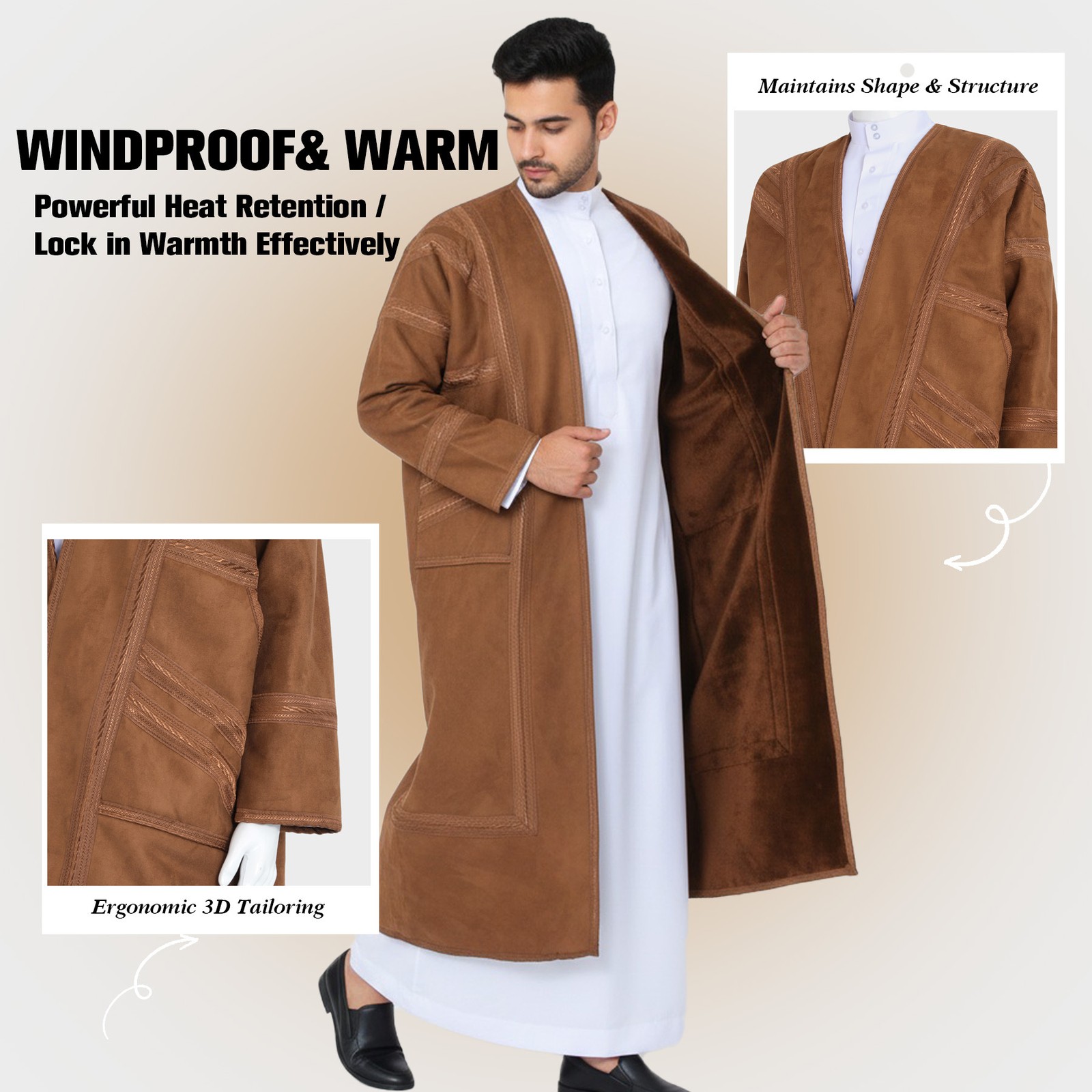 Arab Mens Winter Long Robe Saudi Suede Warm Thobe Dishdasha Thoub Prayer Kaftan