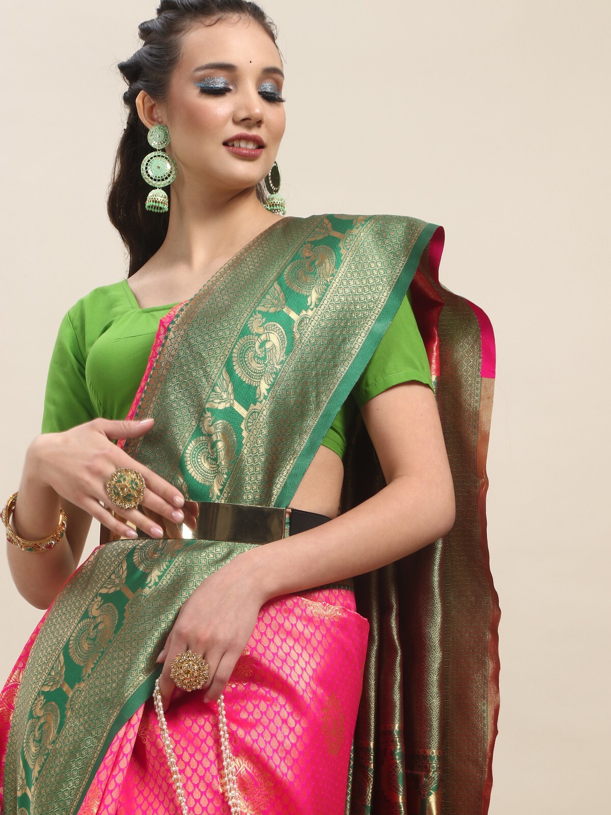 Areca Designer Pink Peacock Silk saree blouses women Saree cut-5.5 meter