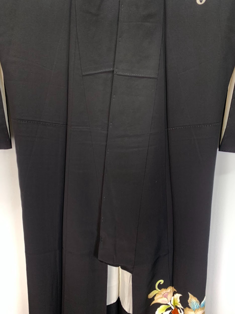 Vintage Japan Silk Kurotomesode Kimono Dress M Black Peony Yuzen Kinsai Gift Fed