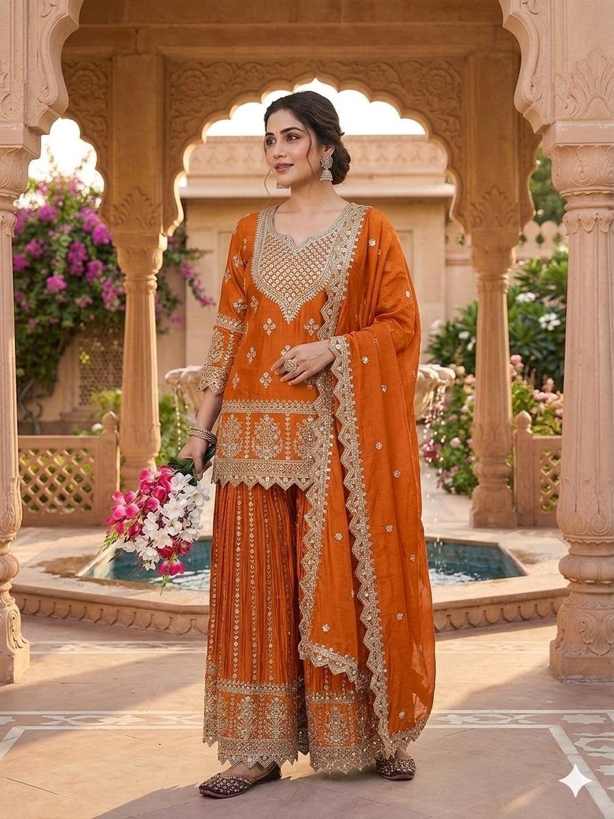 Presenting Heavy Chinon Silk Orange Top Palazzo With Dupatta For Wedding Wear