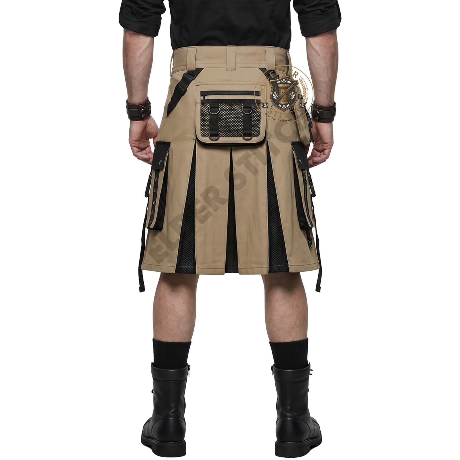 Men’s Utility Kilt Tan Black Cargo Cotton Tactical Hybrid Kilt for Festivals