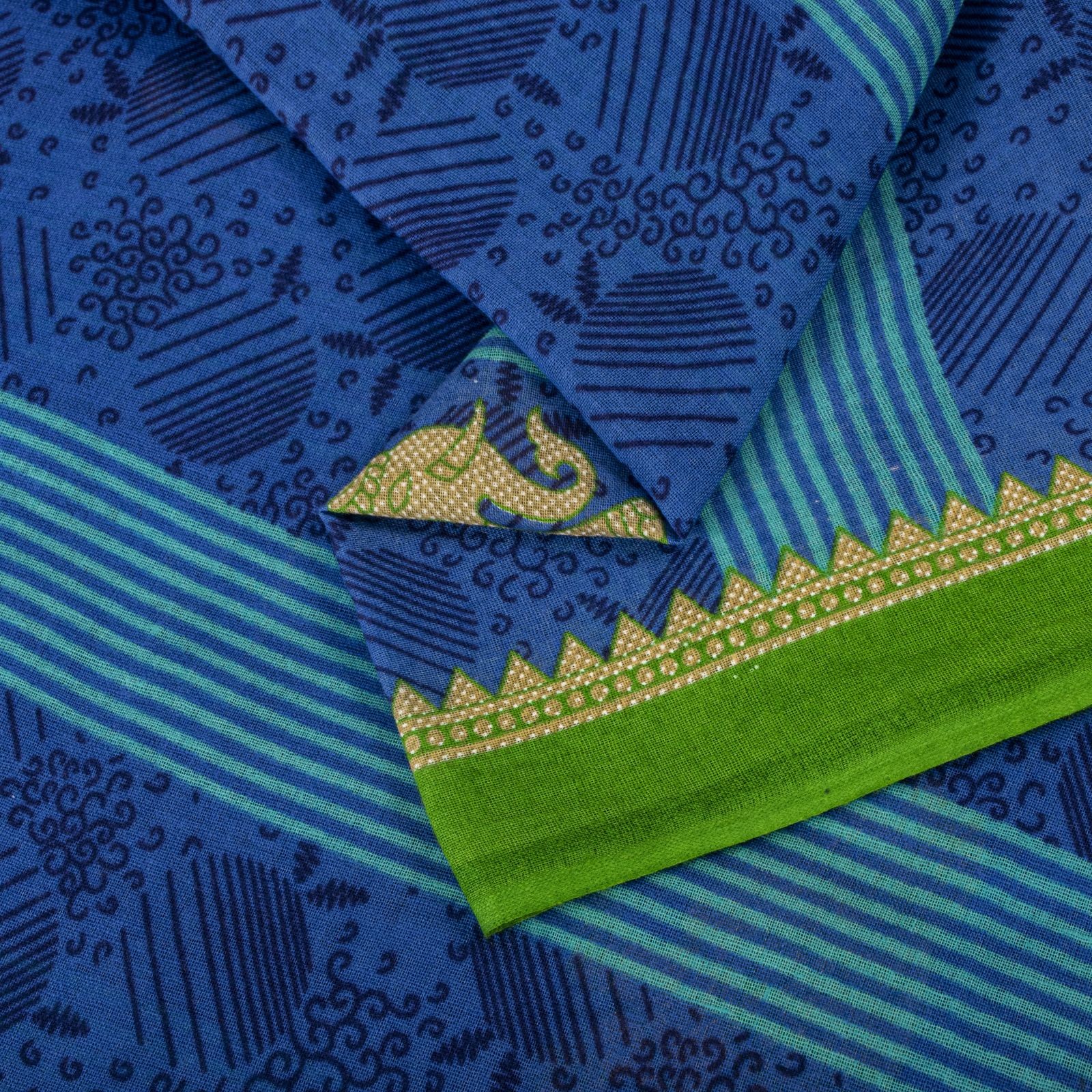 Sanskriti Vintage Saree Blue-Green Pure Cotton Animal Printed Craft Fabric Sari