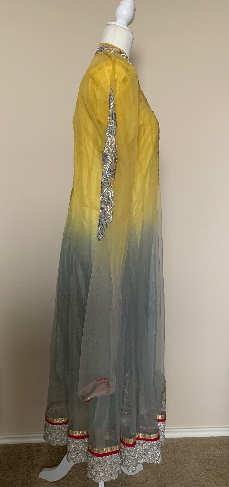 Womens yellow and gray formal kameez anarkali desi 3 Pc Party Pakistani L Eid