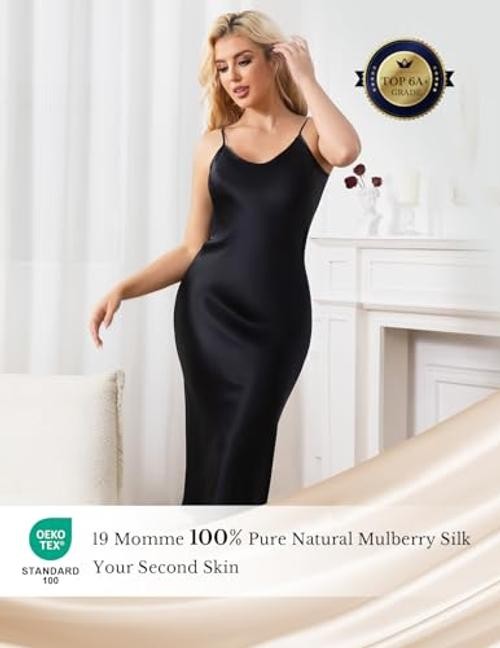 Silk Long Nightgowns for Women, Pure Mulberry Silk Charmeuse XX-Large Black
