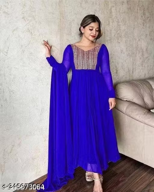 2 PCS Elegant Women’s Royal Blue Georgette Anarkali Gown With Dupatta For Gift