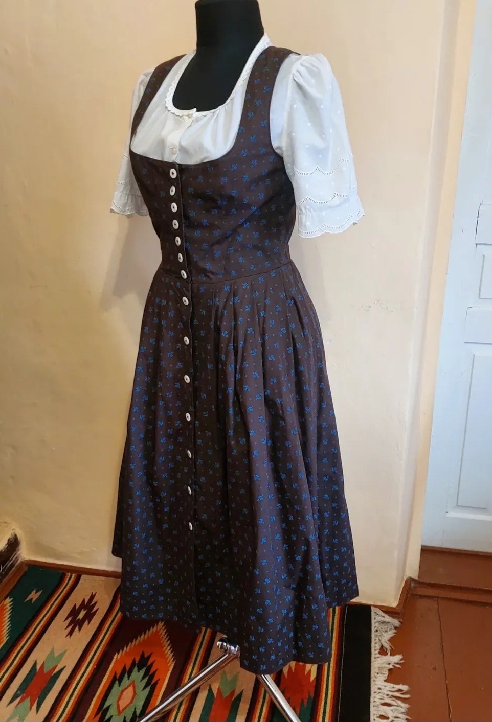 Authentic Austrian Dirndl Sonnblüch Brown Floral Cotton Dress EU 36 Cottagecore